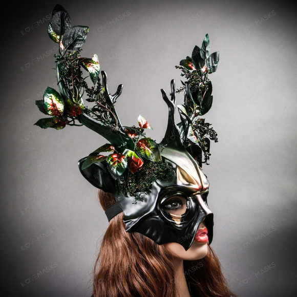 Antler Deer Horn Devil Woodland Forest Halloween Masquerade Mask - Green Gold - Picture 10 of 10